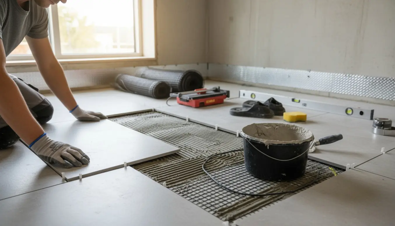 Hænder lægger fliser over el-gulvvarme med synlig rotte-sikring langs væggen i et lyst renoveret rum.