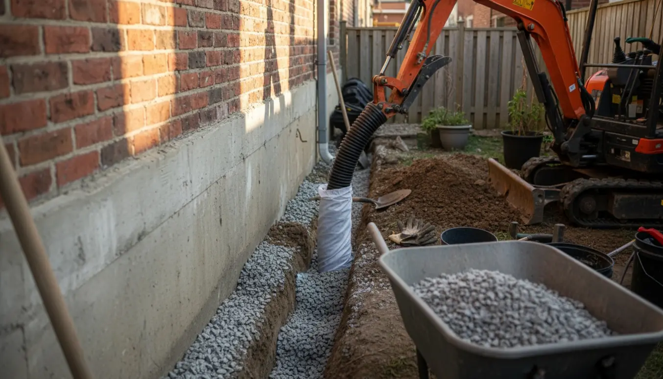 Omfangsdræn ved en lille kælder: drænslange i geotekstil lægges i grus langs fundamentet.