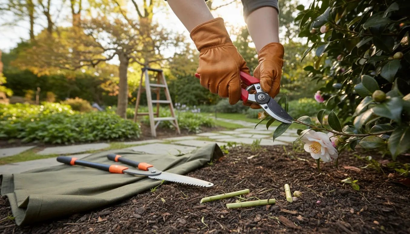Nærbillede af handske‑klædte hænder, der beskærer en busk med sekatør i en solbeskinnet have.