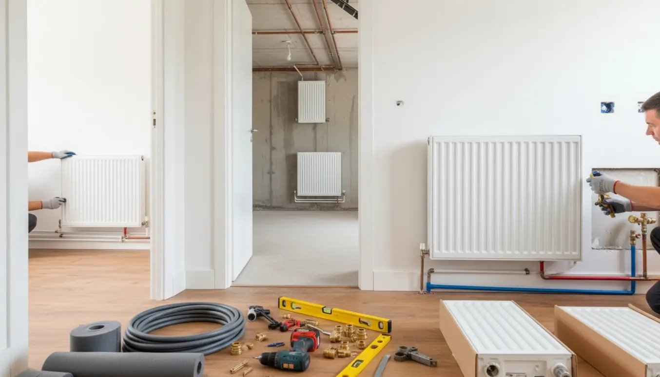 Installering af radiatorer i hjemmet med værktøj, nye radiatorer og synlige rør.