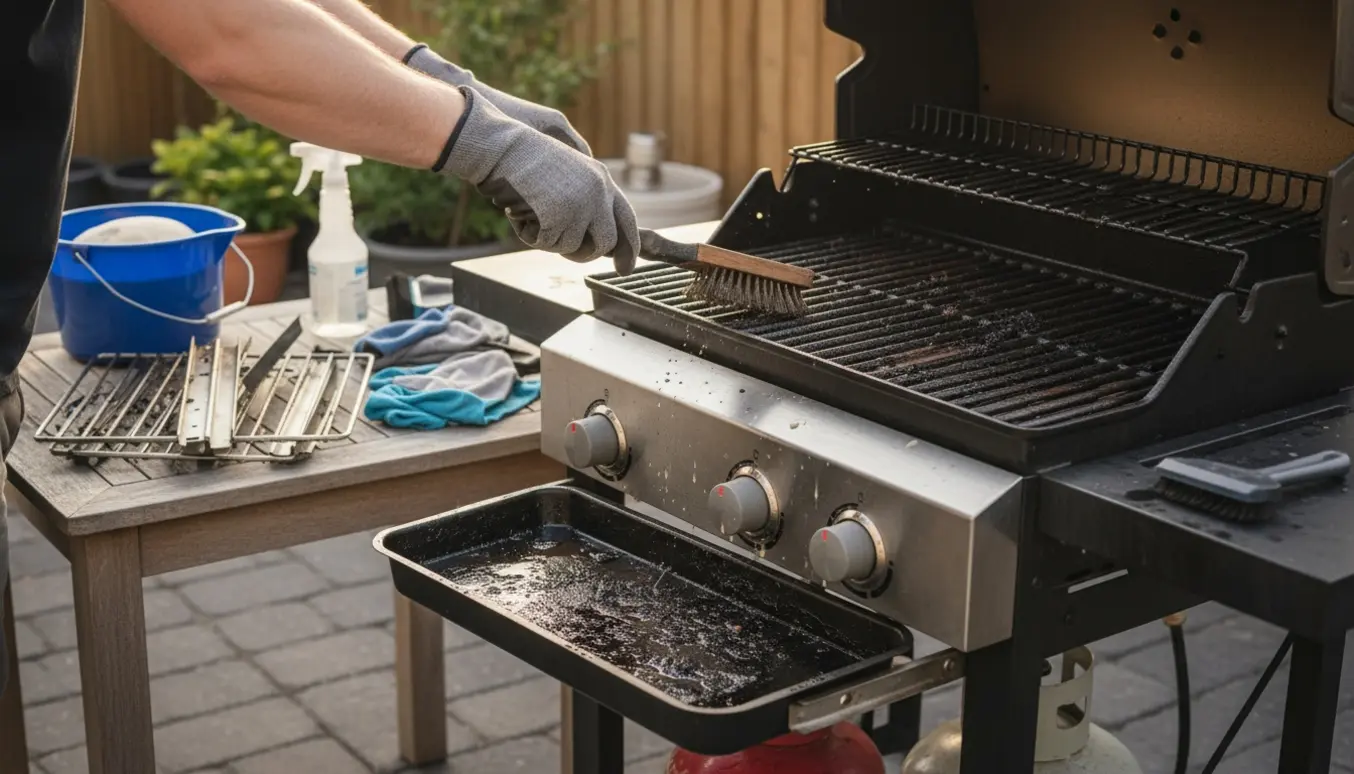 Hænder i gummihandsker renser en gasgrill med en stålbørste, med aftagede riste og rengøringsudstyr ved siden af.