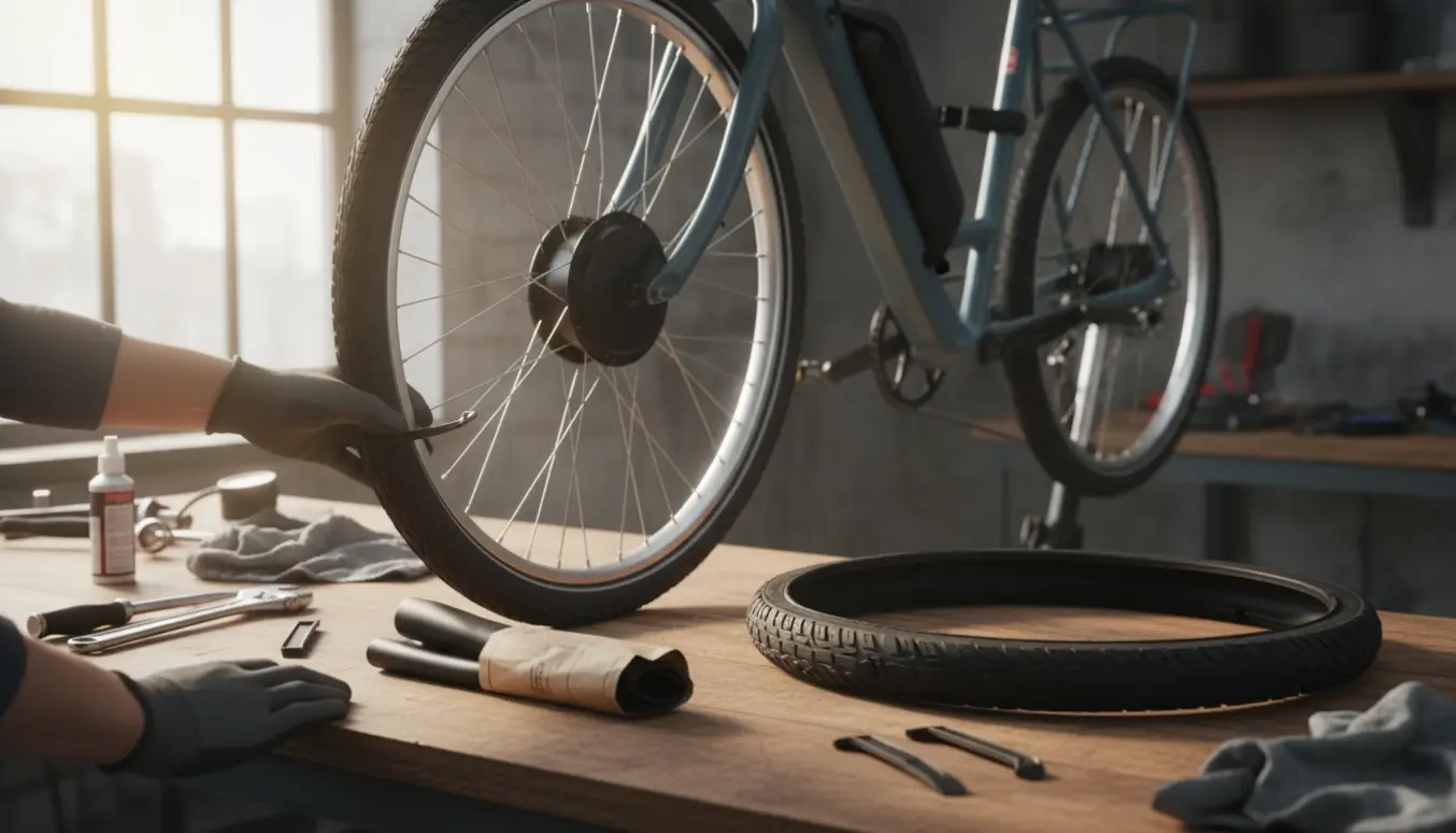 Hænder monterer nyt dæk og slange på et udtaget baghjul fra en elcykel på et lyst værkstedsbord.