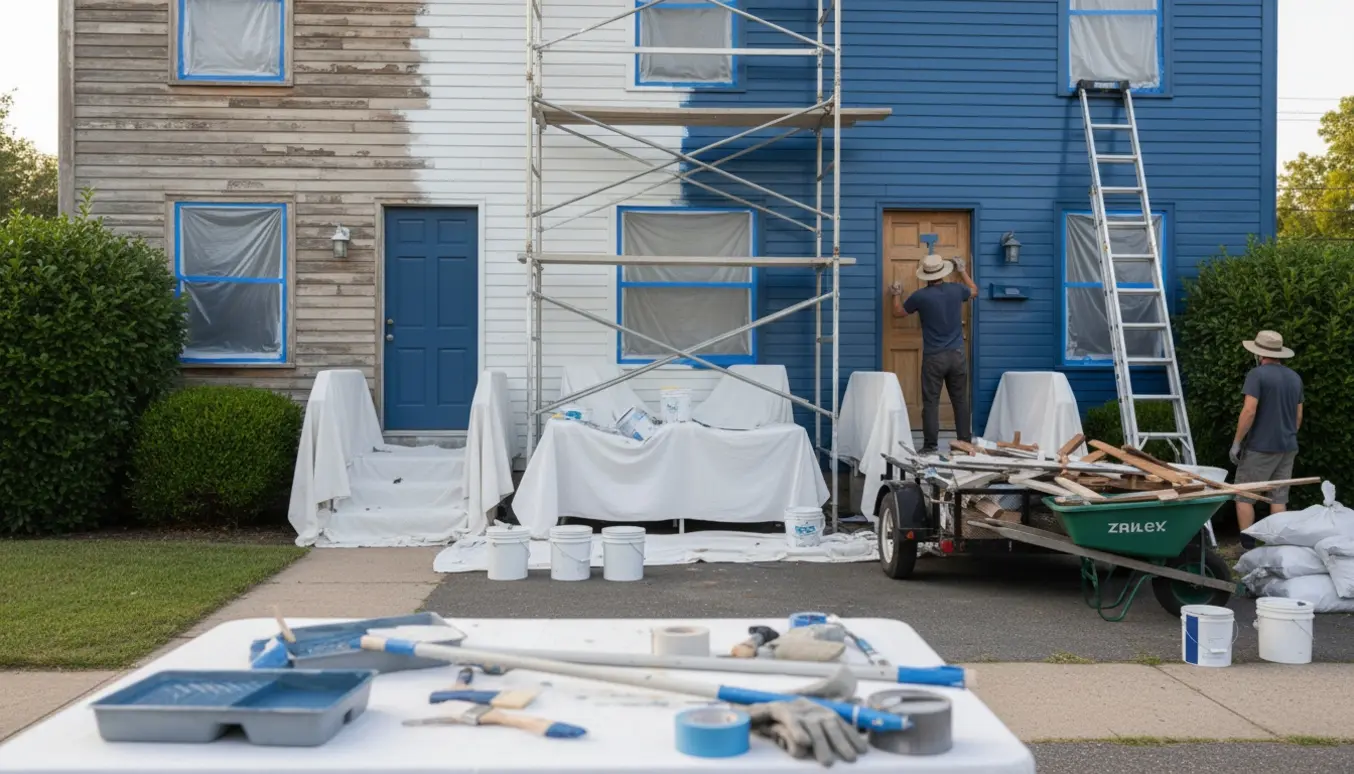 Udendørs husmaling med stillads, malerbøtter og afdækning, klar til bortkørsel af affald.