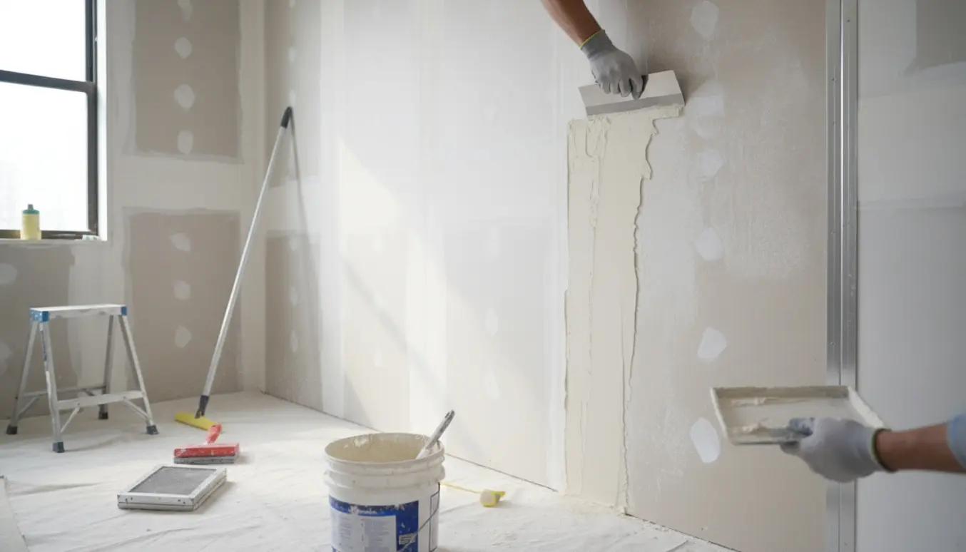 Nyopsat gipsvæg spartles klar til maling med spartel, spand og afdækningsdug i et lyst rum.