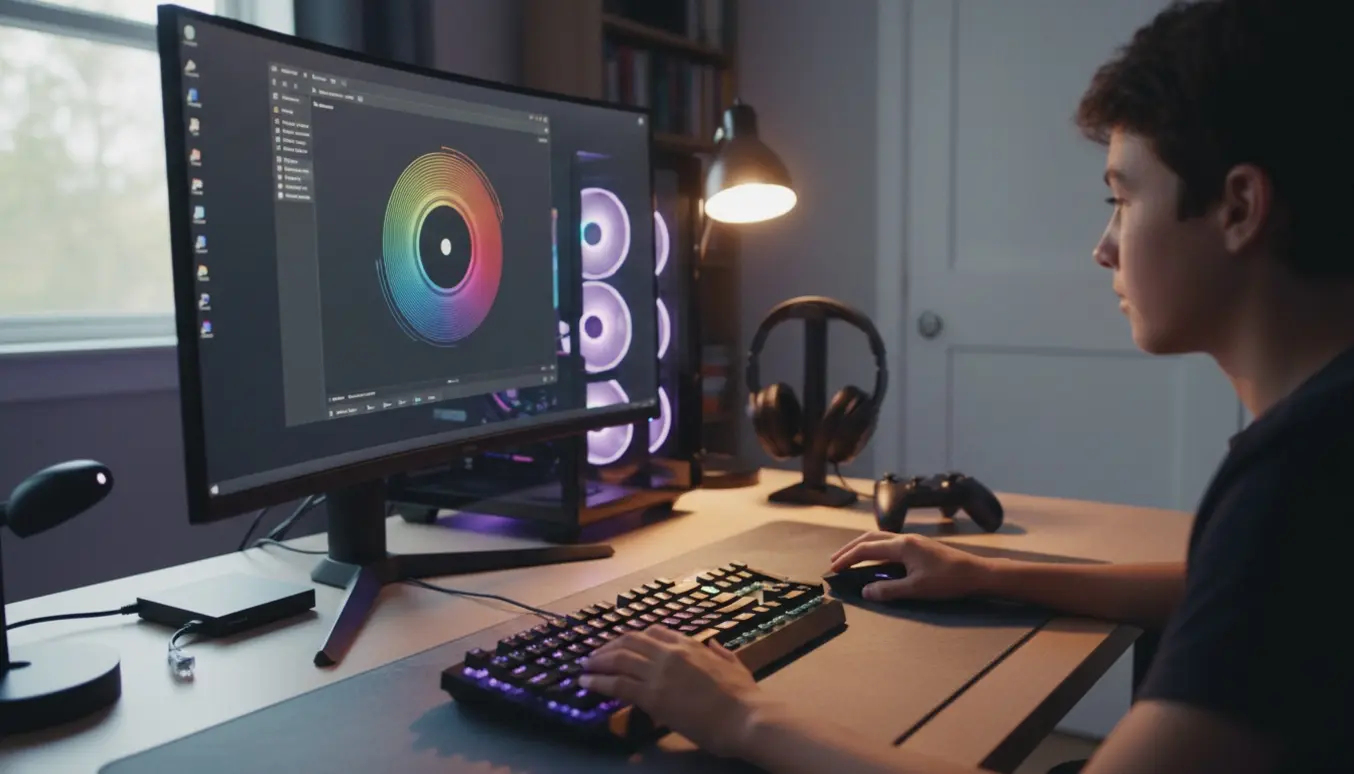 Gaming-pc og skærm med sløret installationsvindue, hænder ved tastatur hjælper med at installere et spil.