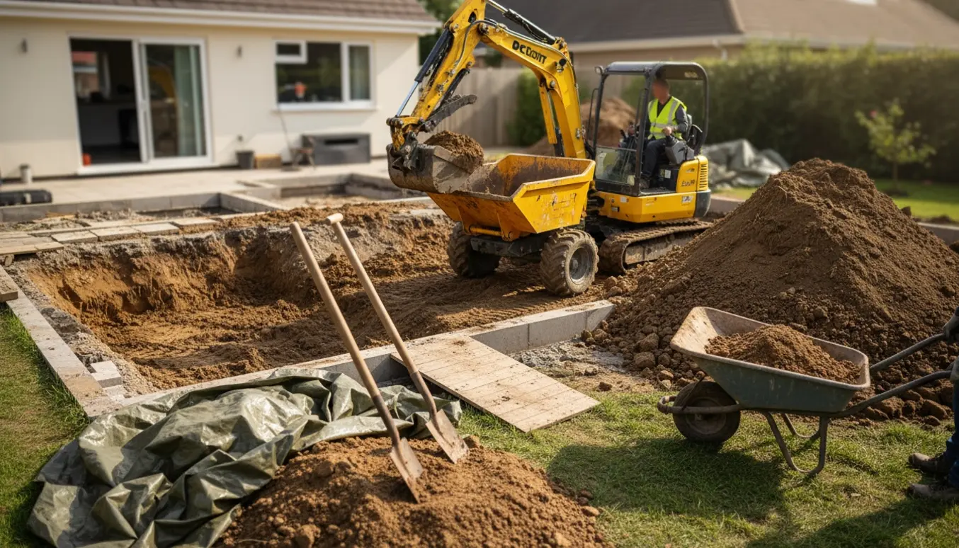 Gravemaskine laster jord i en lastbil fra en have ved en husudbygning.