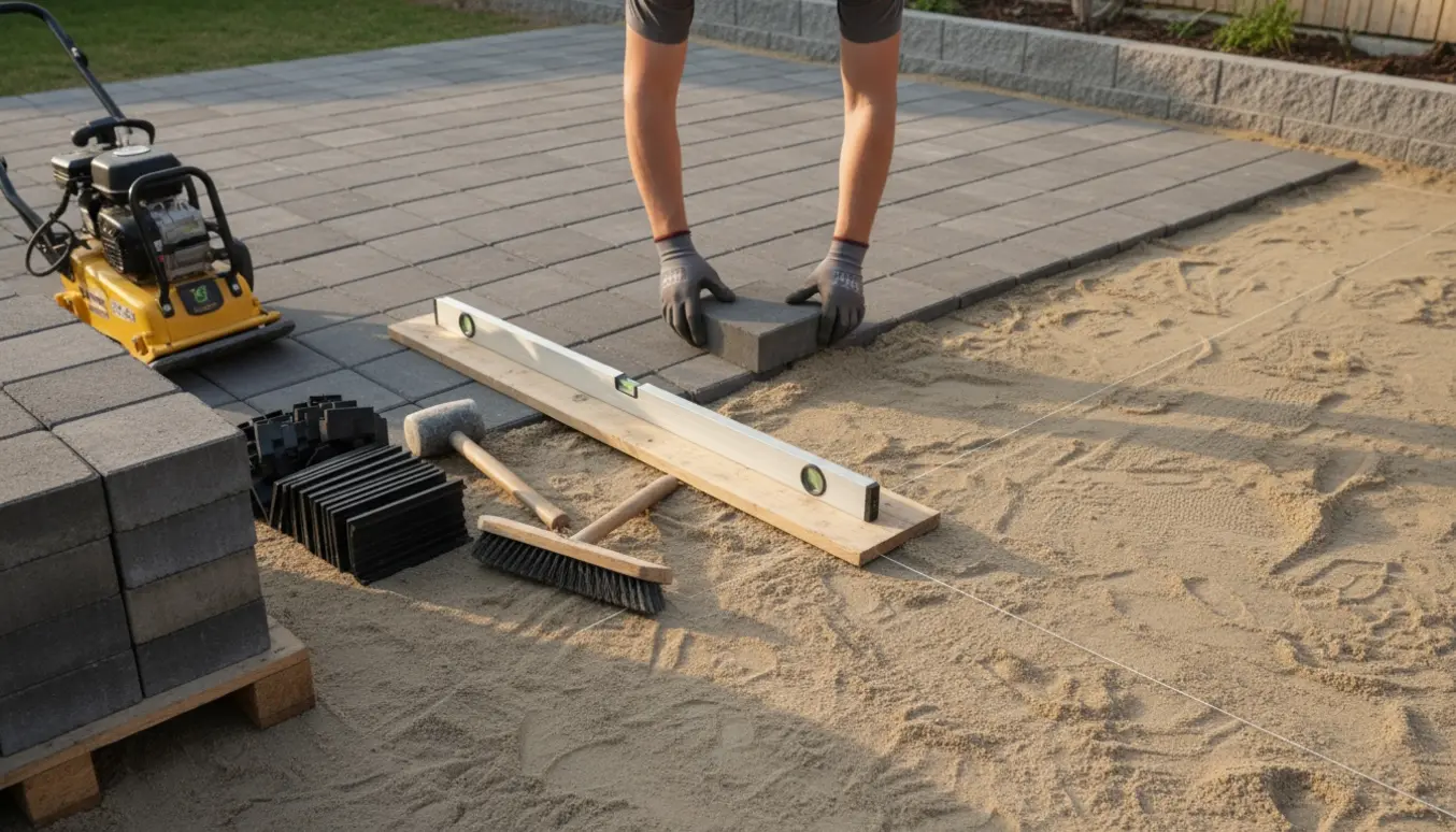 Nærbillede af lægning af 30x60 cm betonfliser på en lille terrasse med palle med fliser og værktøj ved siden af.