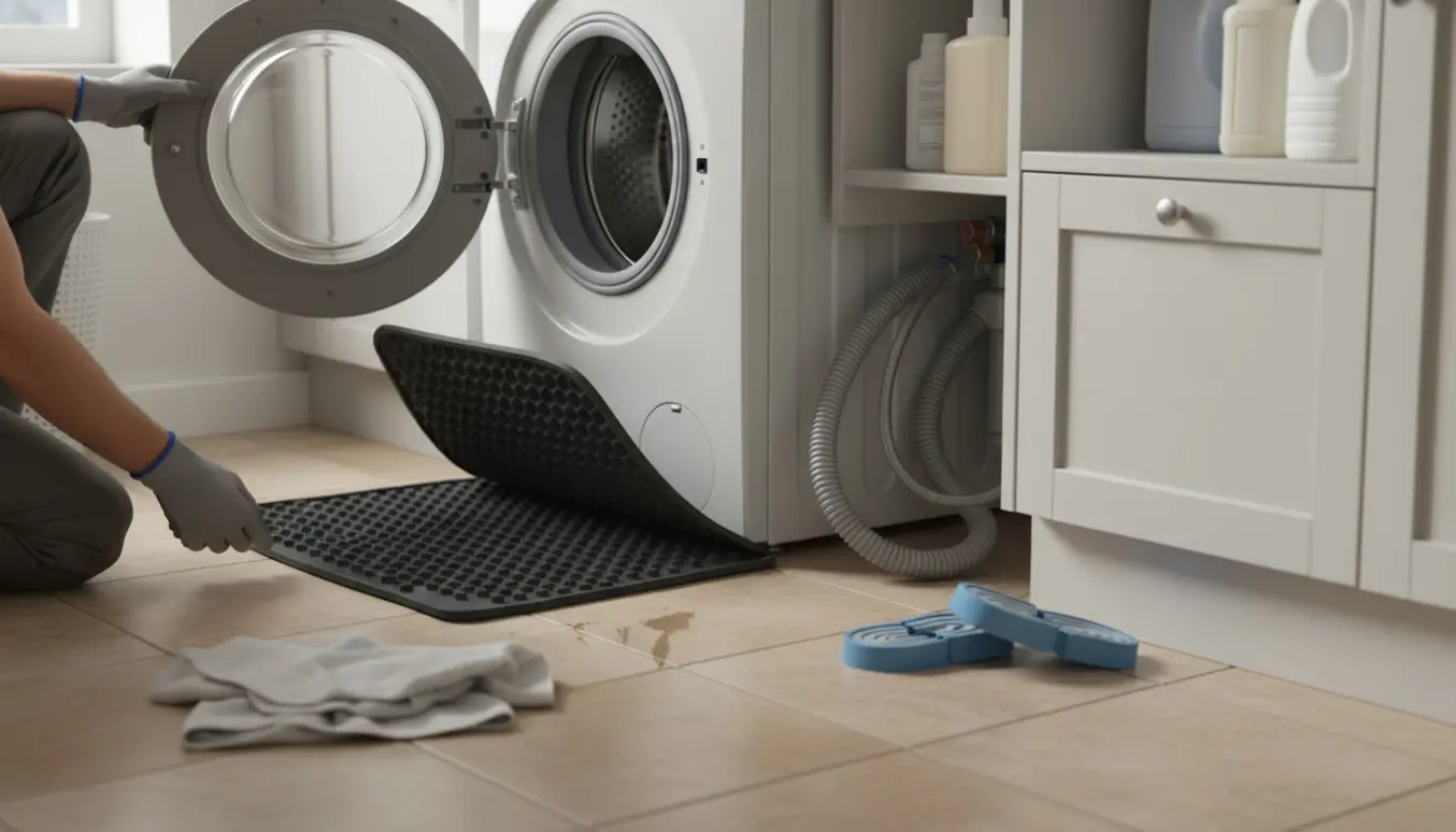 En person sætter en vibrationsmåtte under en vaskemaskine i et lyst vaskerum.