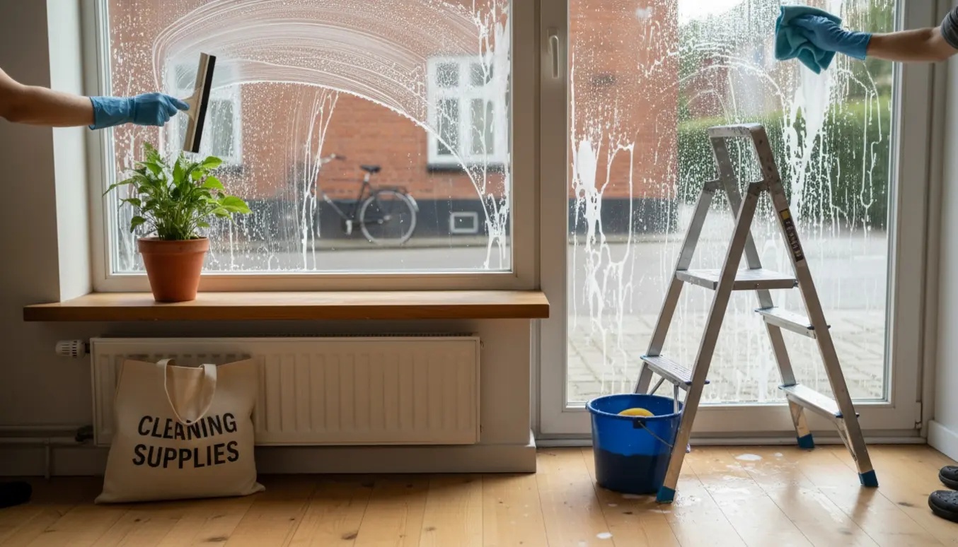 Nærbillede af vinduespudsning i en stuelejlighed med hænder, rensespande og squeegee synlige.