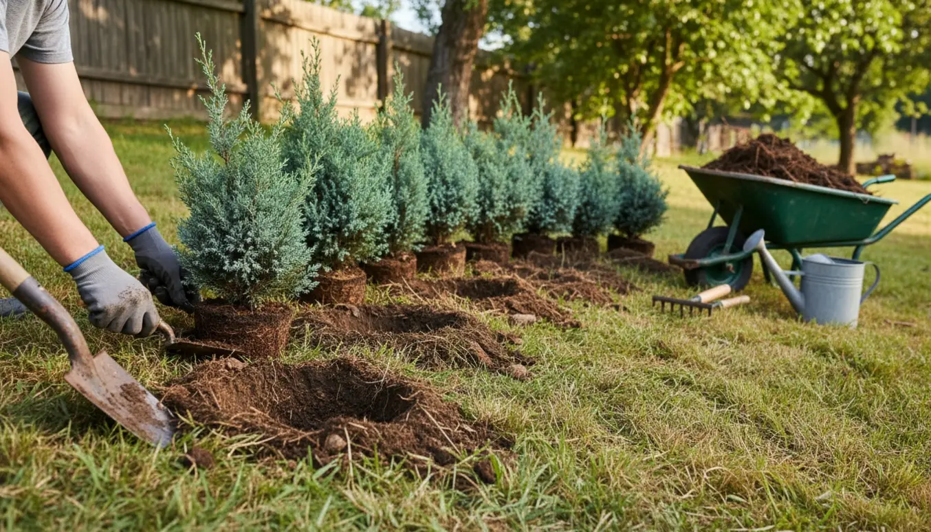Ti enebærhækplanter graves ned på en lille skråning med spade og haveredskaber, jord med synlige rødder.