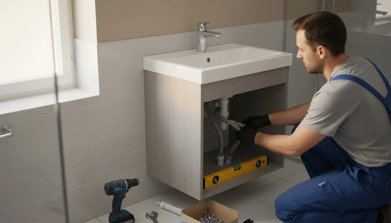 Færdigsamlet 60 cm badmøbel med vask og armatur under montering i badeværelse, værktøj og afløbsslanger synlige.
