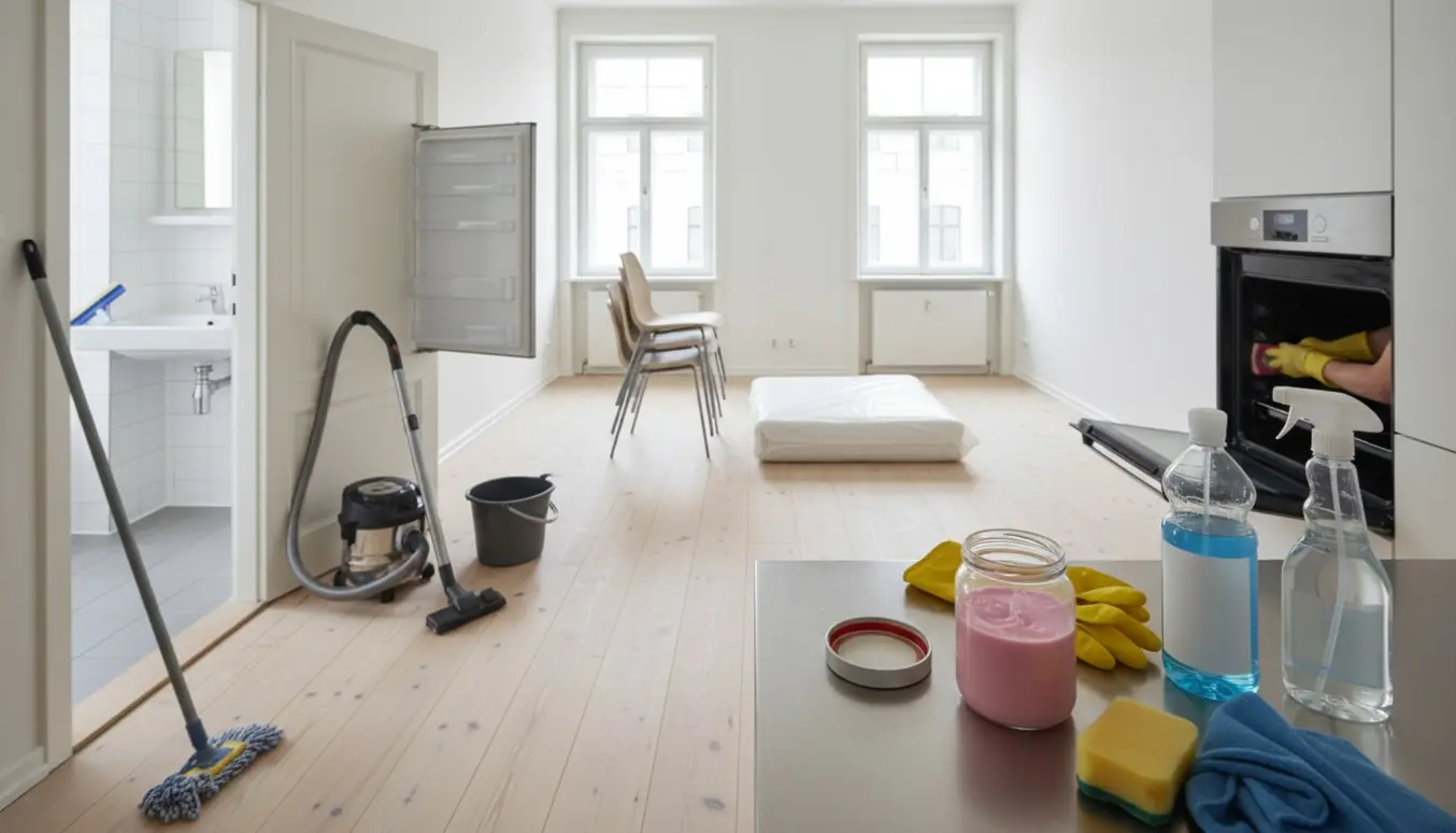 Tom lejlighed under flytterengøring med rengøringsmidler, moppe og møbler samlet midt i rummet.