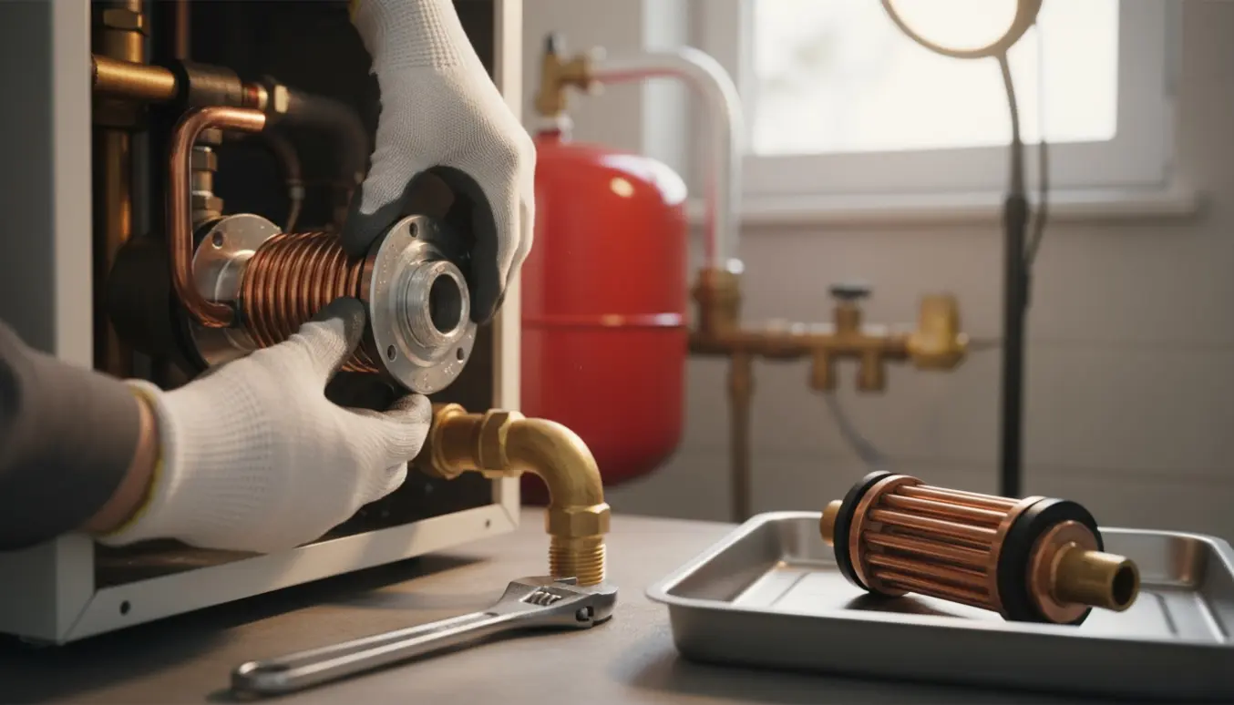 Tekniker udskifter varmtvandsveksler i en kedel, med nye rør og værktøj i fokus.