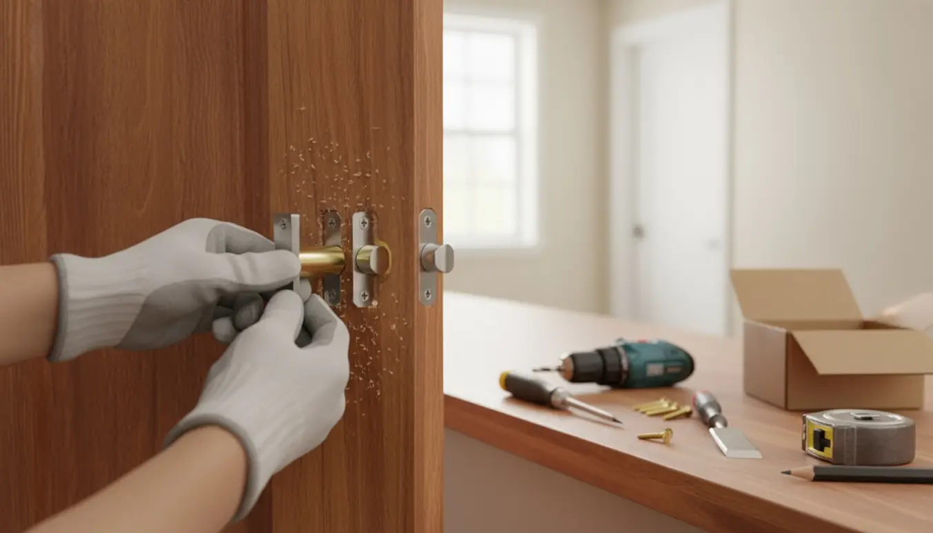 Hænder monterer en låsecylinder i en trædør med værktøj og træspåner omkring.