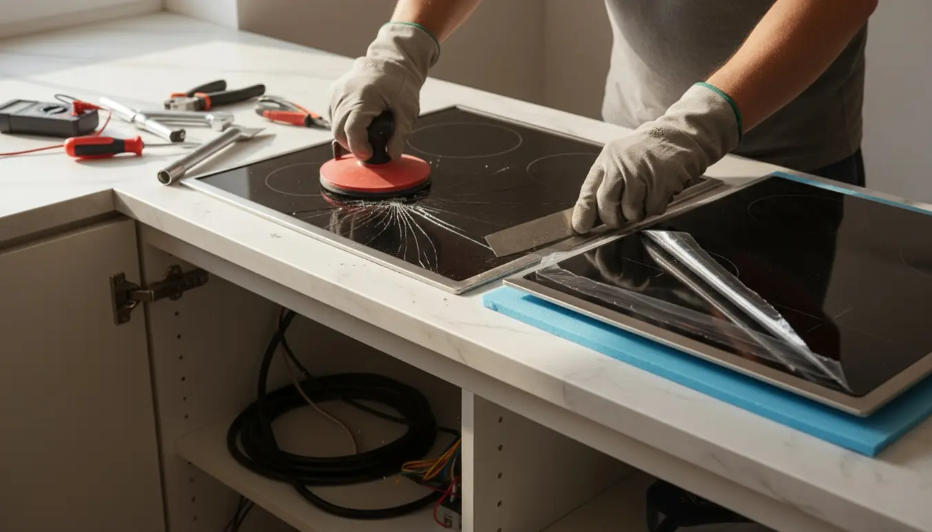 Gammel glas-kogeplade fjernes i et køkken, mens en ny induktionskogeplade ligger klar til installation.