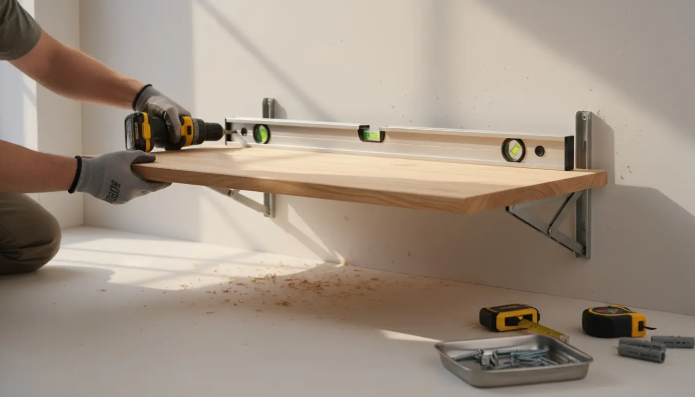 Nærbillede af montering af et sammenklappeligt vægbord med boremaskine, beslag og værktøj.