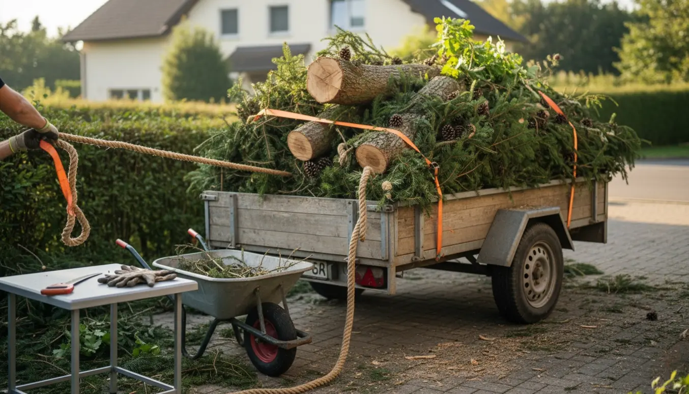 En trailer fyldt med gran- og træaffald på indkørslen, mens arbejdshænder sikrer grenene.