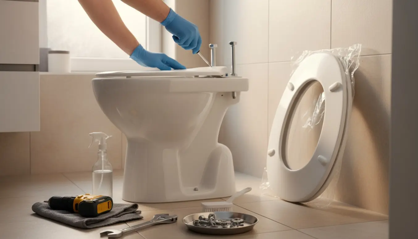 Nærbillede af udskiftning og rengøring af toiletsæde i et lyst badeværelse.