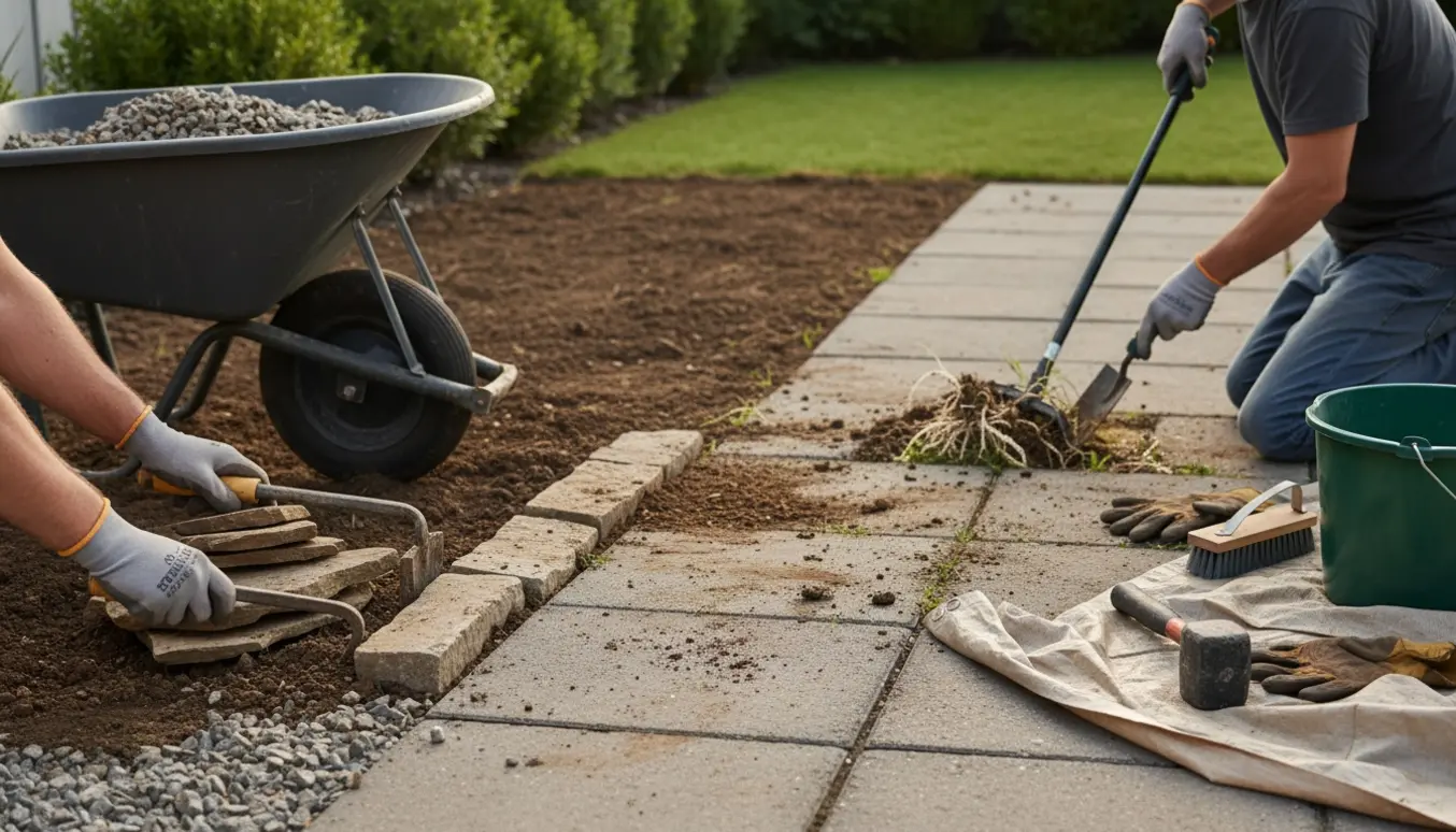 Hænder i arbejdshandsker fjerner en stengrænse og renser ukrudt mellem fliser ved en indkørsel.