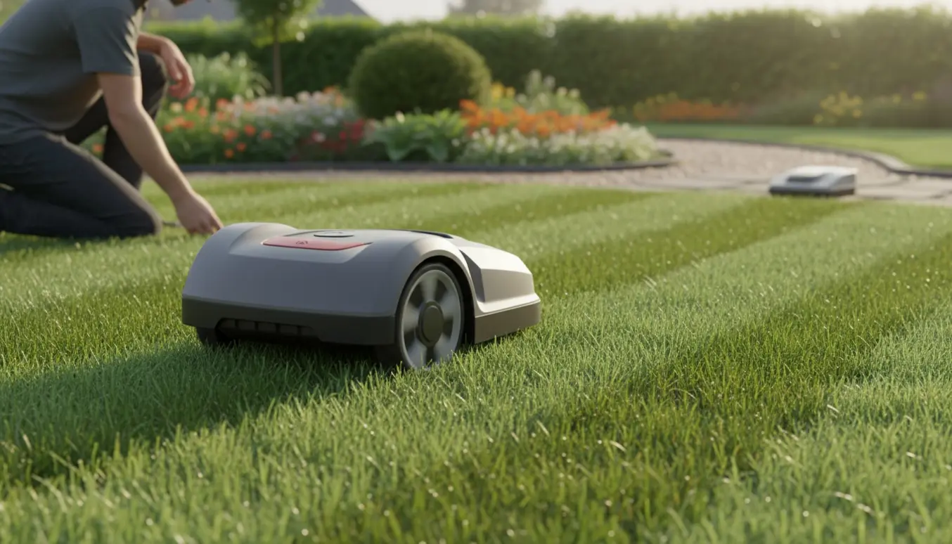 Robotplæneklipper kører i en velplejet mellemstor have med nyklippet græs.