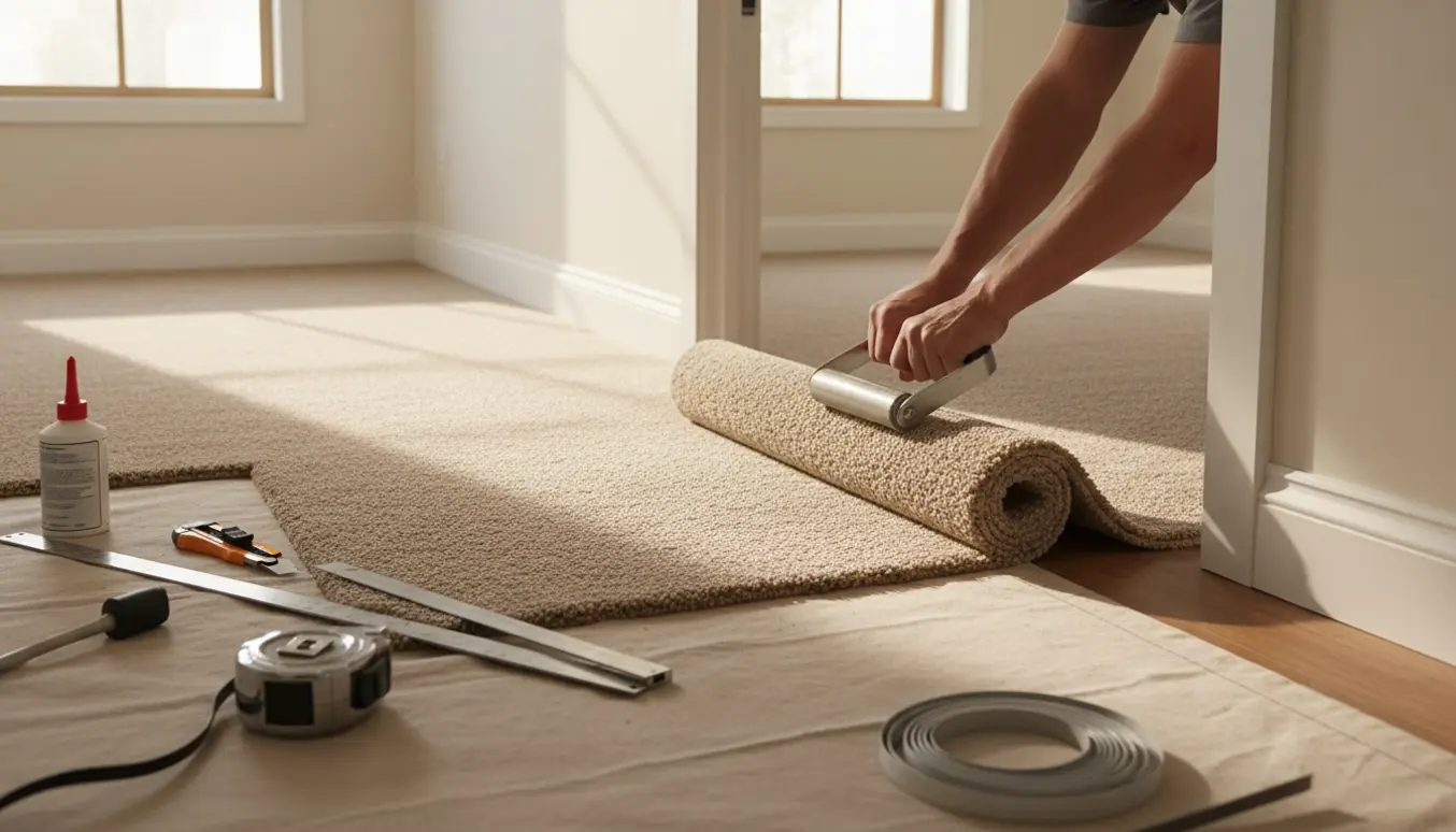 Nærbillede af montering af nyt beige gulvtæppe i entré og lille kvadratisk rum med værktøj og hænder i arbejde.