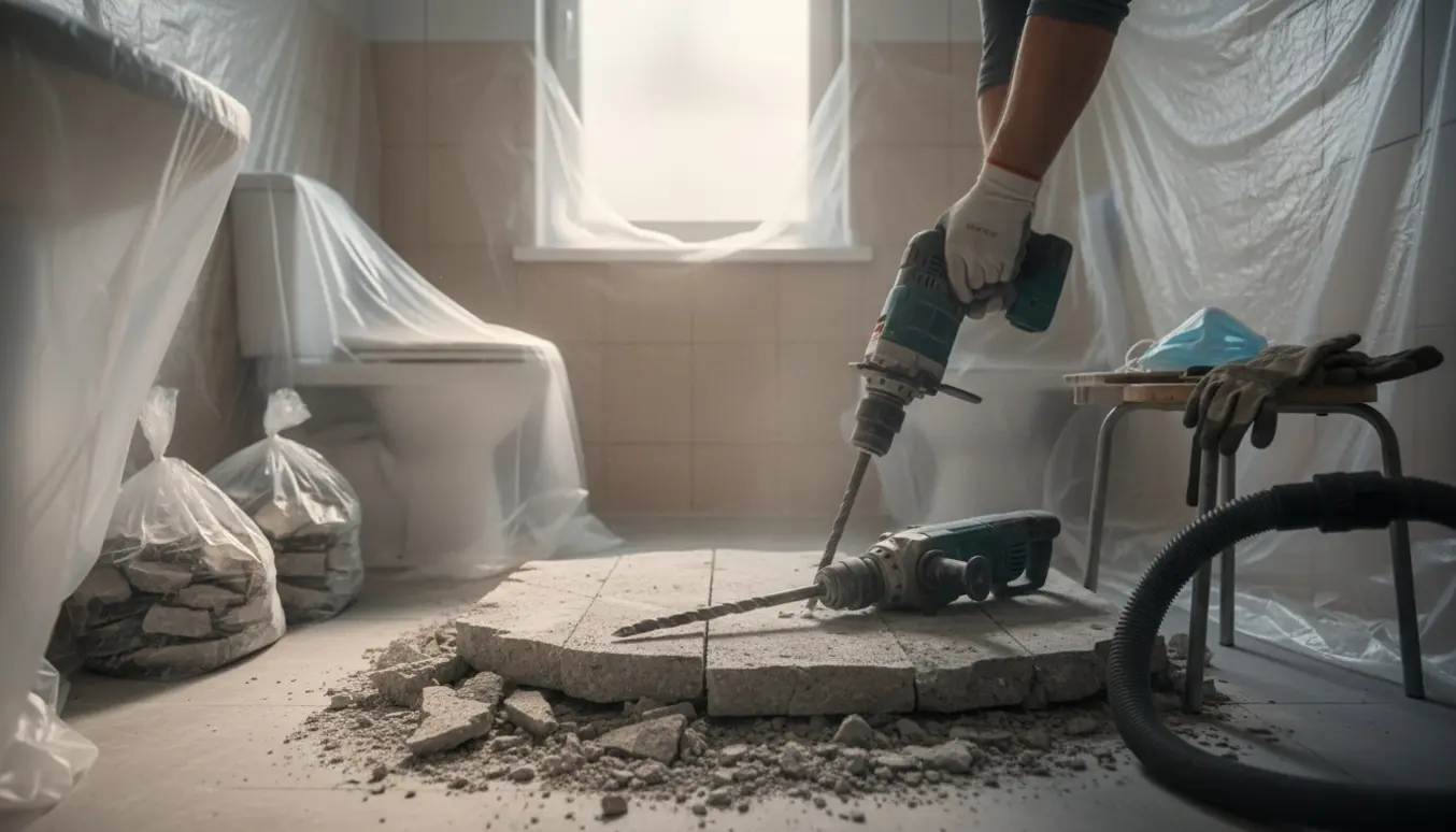 Et lille toilet med betongulv under opbrydning, to boremaskiner, masker, handsker og plastikposer med betonaffald.