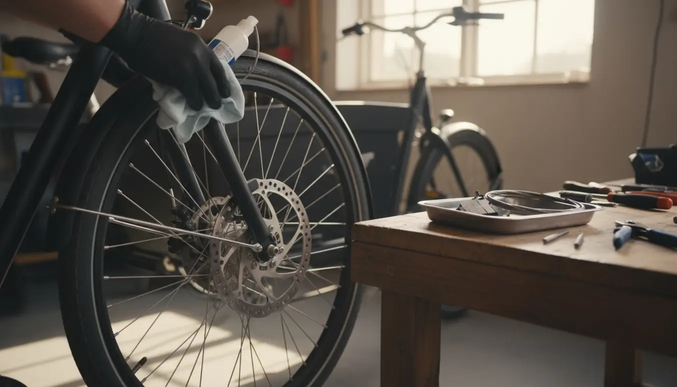 Nærbillede af reparation af bremser på en ladcykel med rengøring af skive, nye klodser og nyt bremsekabel.