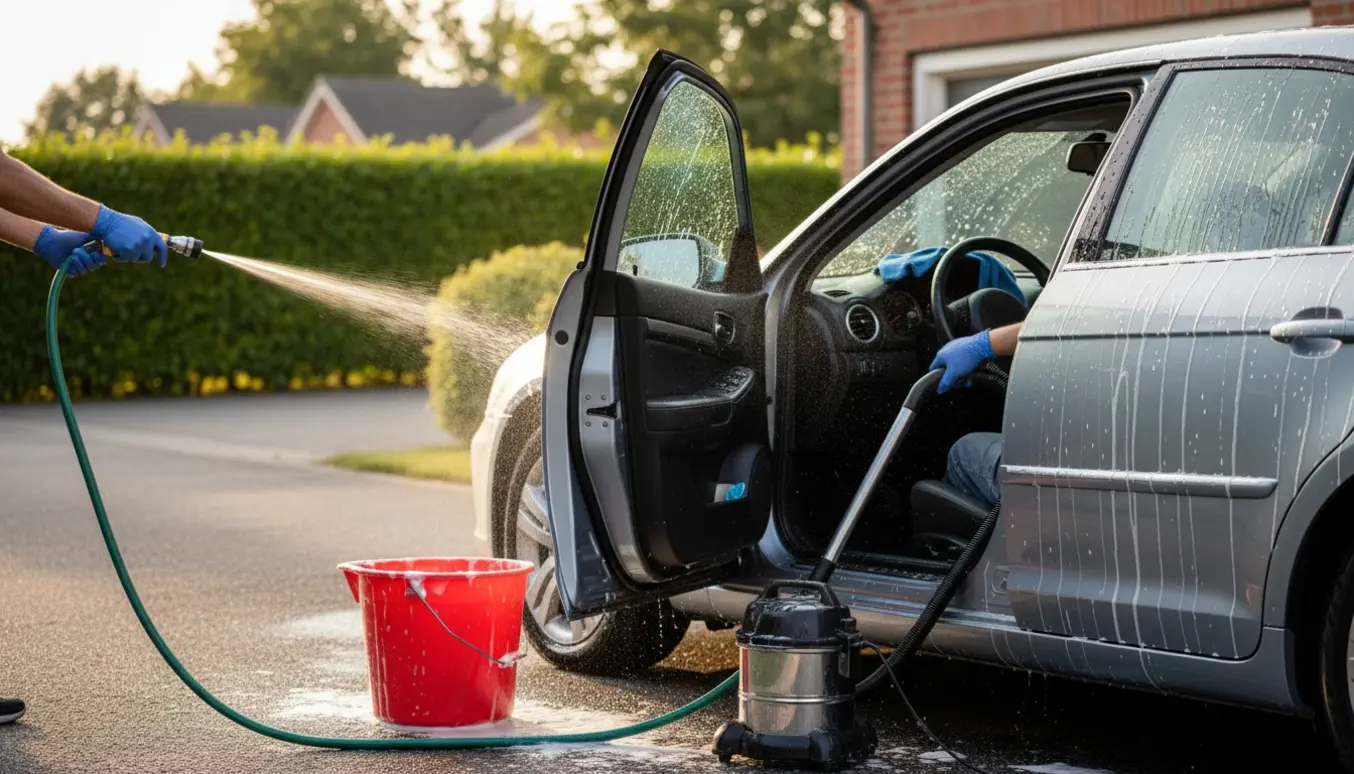 Bilsæde og yderside rengøres grundigt med sæbe, slange, spand og støvsuger.