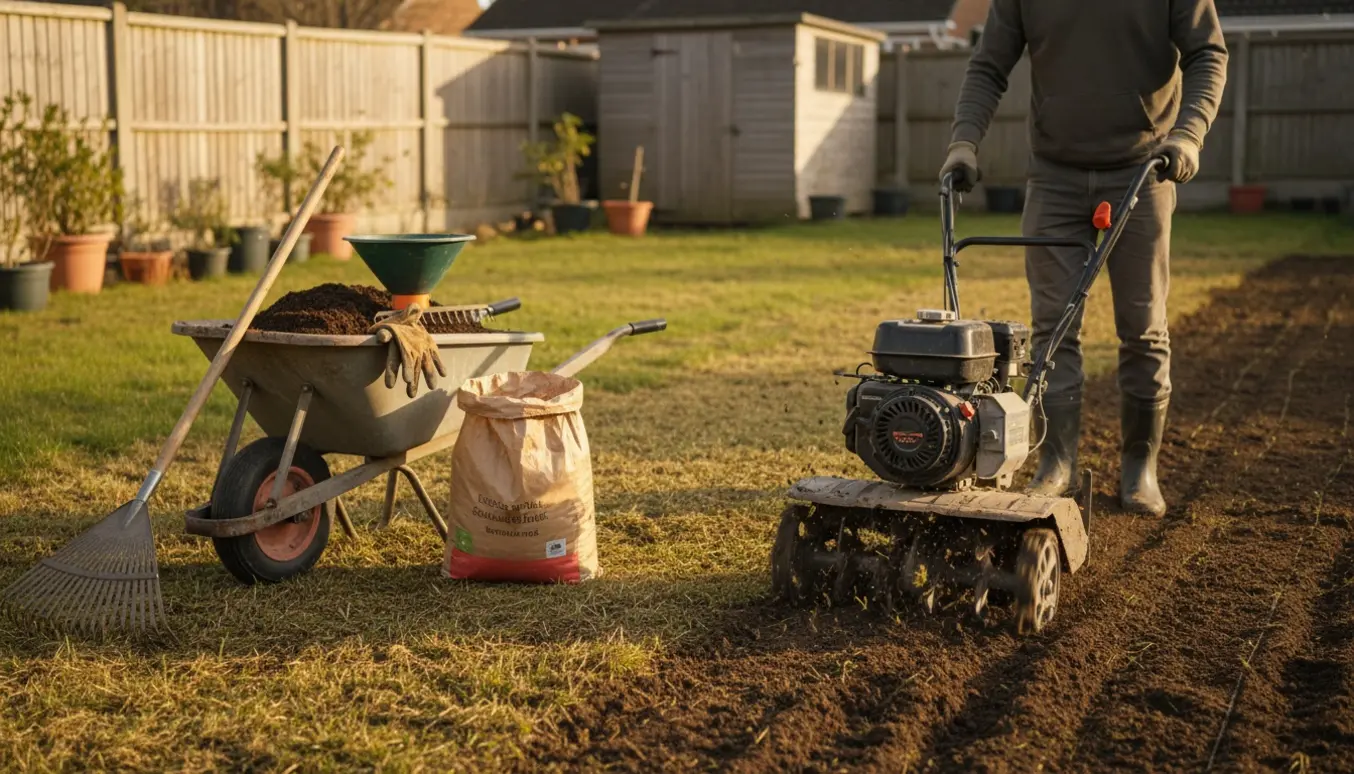 Person fræser en ujævn græsplæne med fræser, trillebør og græsfrø.