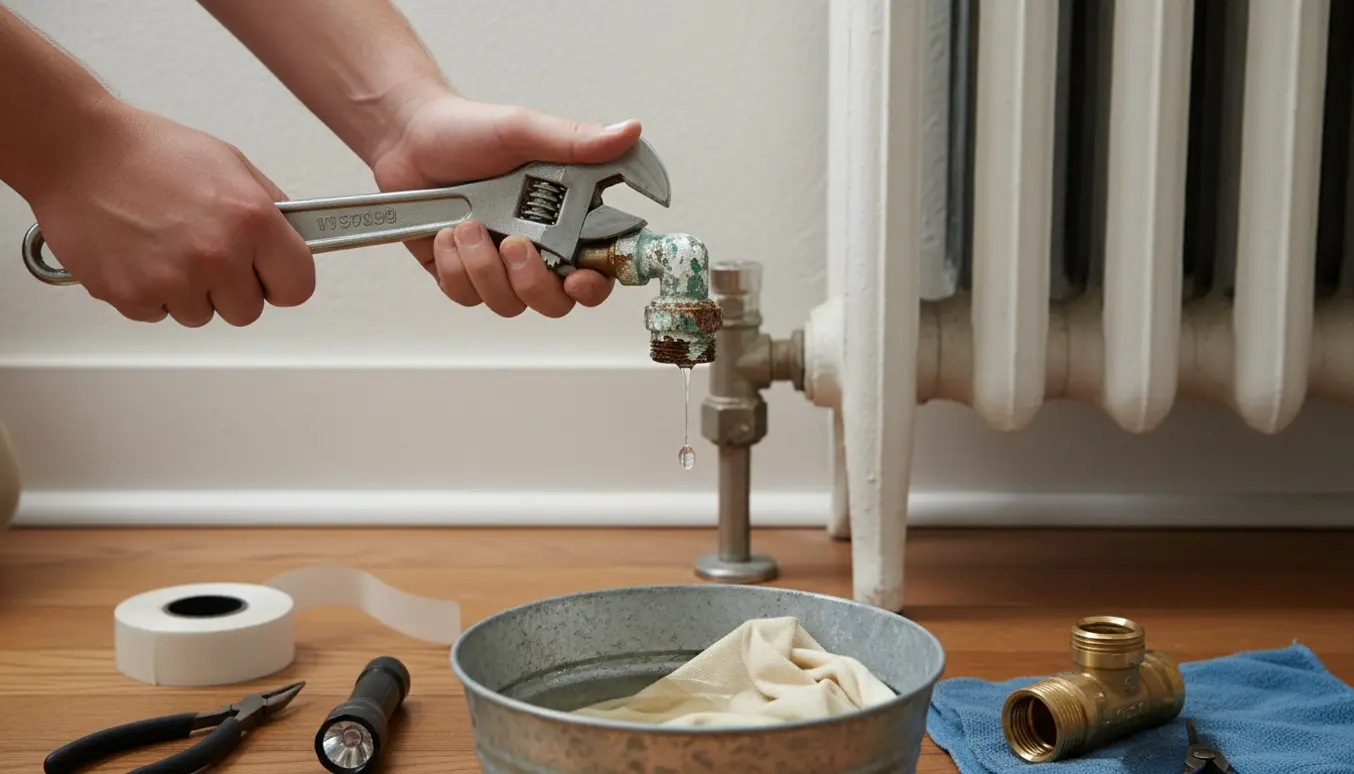 Nærbillede af hænder, der arbejder på en gammel, lækkende radiatorhane med en spand under til at opsamle vand.