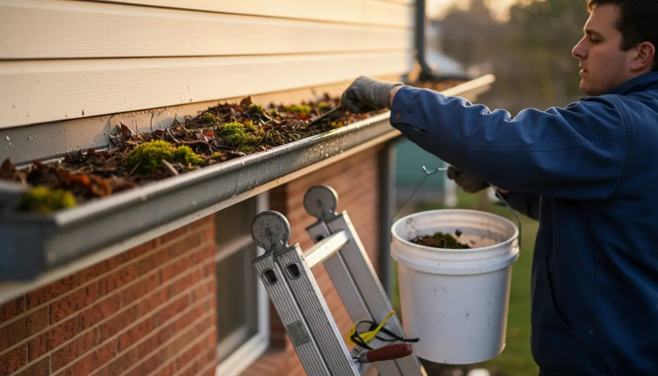 Nærbillede af en person, der renser en udvendig tagrende på et parcelhus med stige og spand.