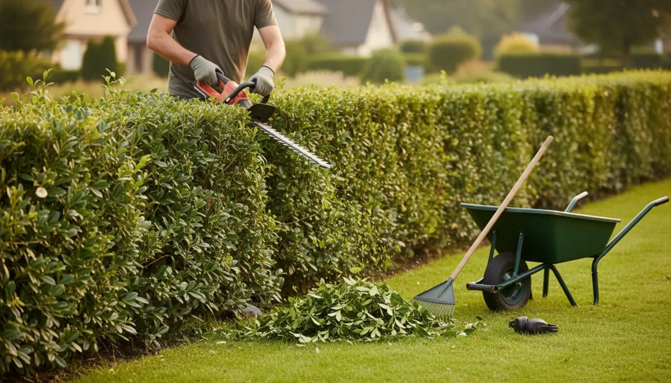 Lang ligusterhæk trimmes professionelt med hækkeklipper, kviste og trillebør i forgrunden.