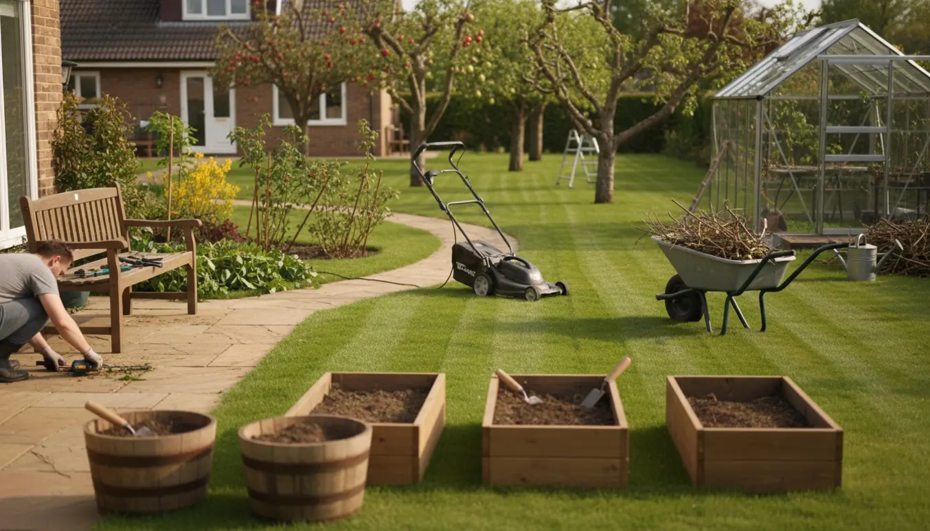 Oversigtsbillede af en have under vedligeholdelse med nyslået græs, beskårne buske, beskårne frugttræer og en trillebør fyldt med haveaffald.