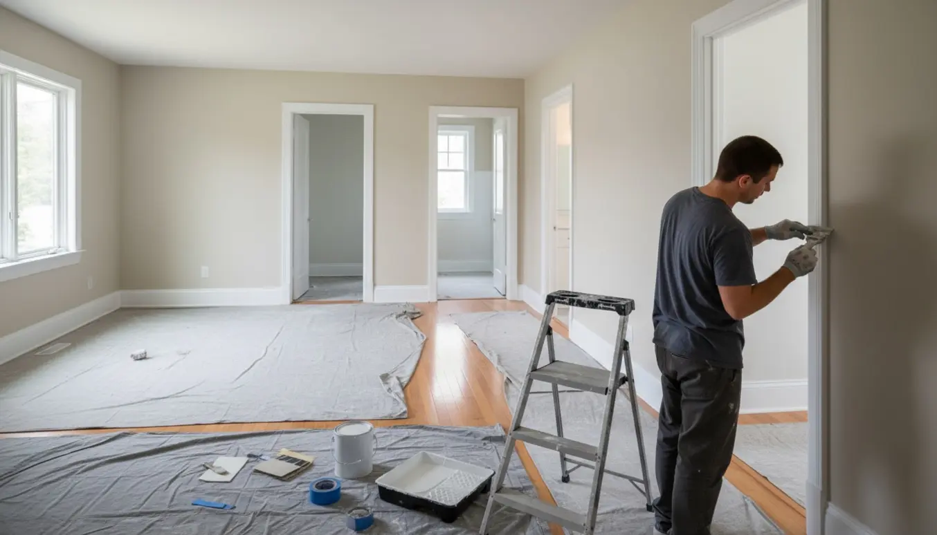 Tomt husinteriør under maling med stige, malerværktøj og nymalede hvide dør- og vindueskarme.