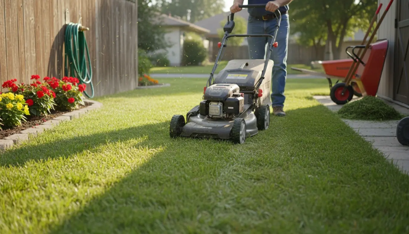 Plæneklipper i arbejde på en villahave, der viser kontrasten mellem nyklippet og uklippet græs, operatøren ses bagfra uden ansigt.