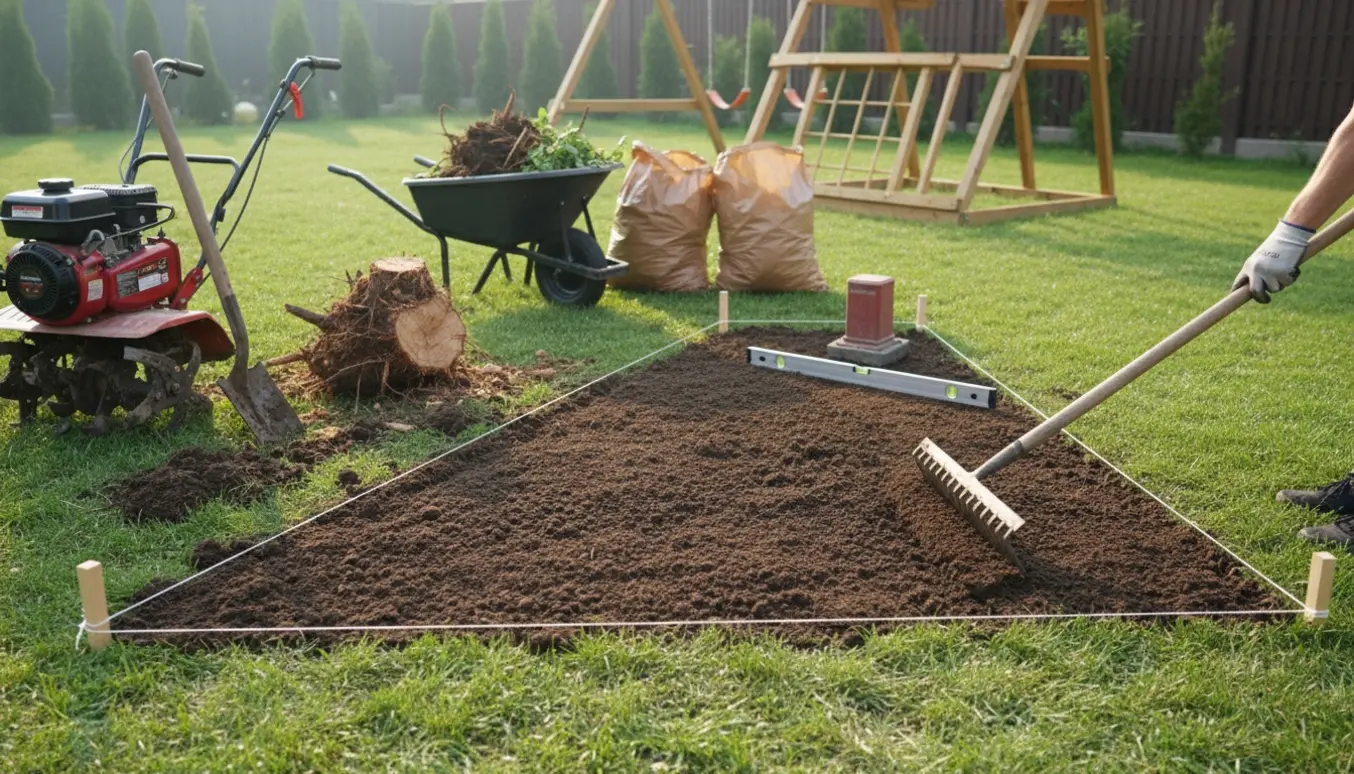Trekantet bed renset og planeret med redskaber og en fjernet rod, klart til opstilling af legestativ.