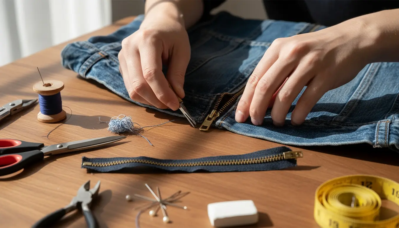 Nærbillede af hænder, der udskifter en defekt lynlås på en denimjakke med syværktøj på et træbord.