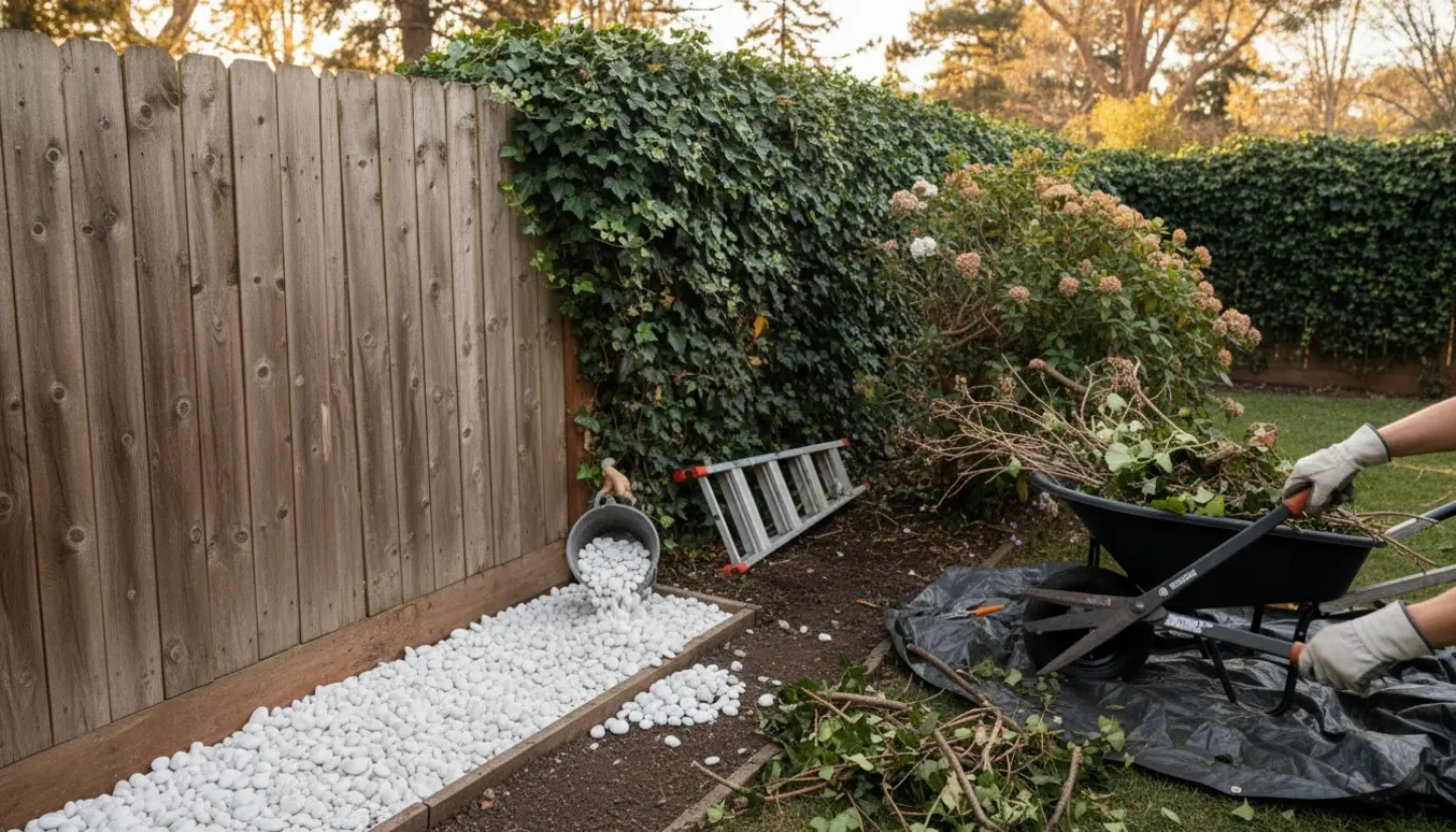 Fjernelse af efeu og beskæring ved et højt træhegn, mens bedet fyldes med hvide ralsten.