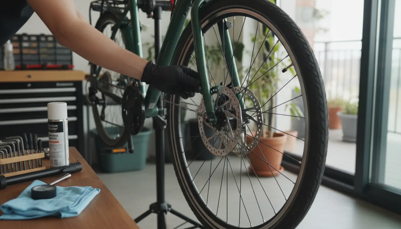 Nærbillede af en citybike på stativ, hvor hænder inspicerer skivebremser og dæk med værktøj.