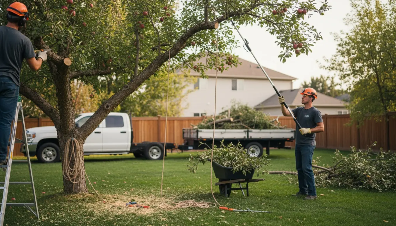 Beskæring af et 6–7 m højt æbletræ i en have med stige, sav og trailer til beskæringsaffald.