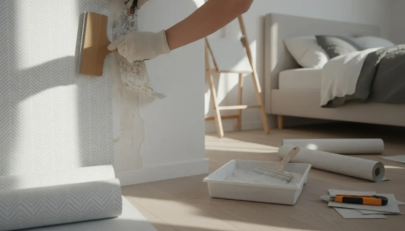 Nærbillede af tapetopsætning og udskiftning i et lyst soveværelse med værktøj og glatte kanter.