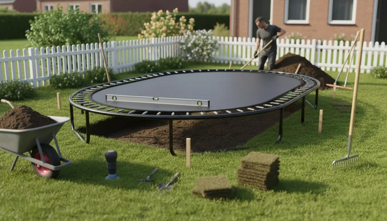 Oval trampolin ved nedgravning i en baghave med skovlet jord, trillebør og rullede græsstykker.