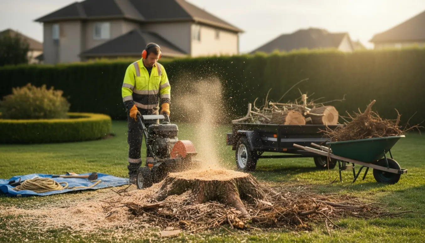 Fjernelse af et lille træ og stub i en have med stumpfræser, savsmuld og læssede grene i en trailer.