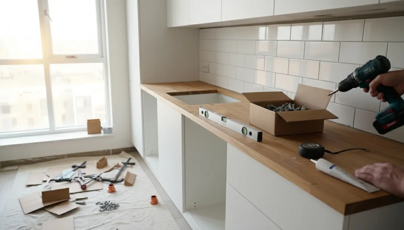 Hænder monterer køkkenskabe med boremaskine og værktøj i et lyst, delvist monteret køkken.