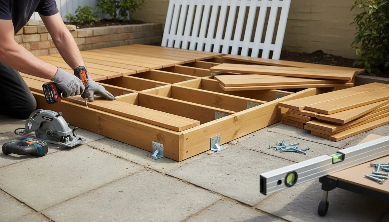 Lille træterrasse under etablering som udvidelse af eksisterende fliseterrasse med trykimprægnerede strøer og værktøj.