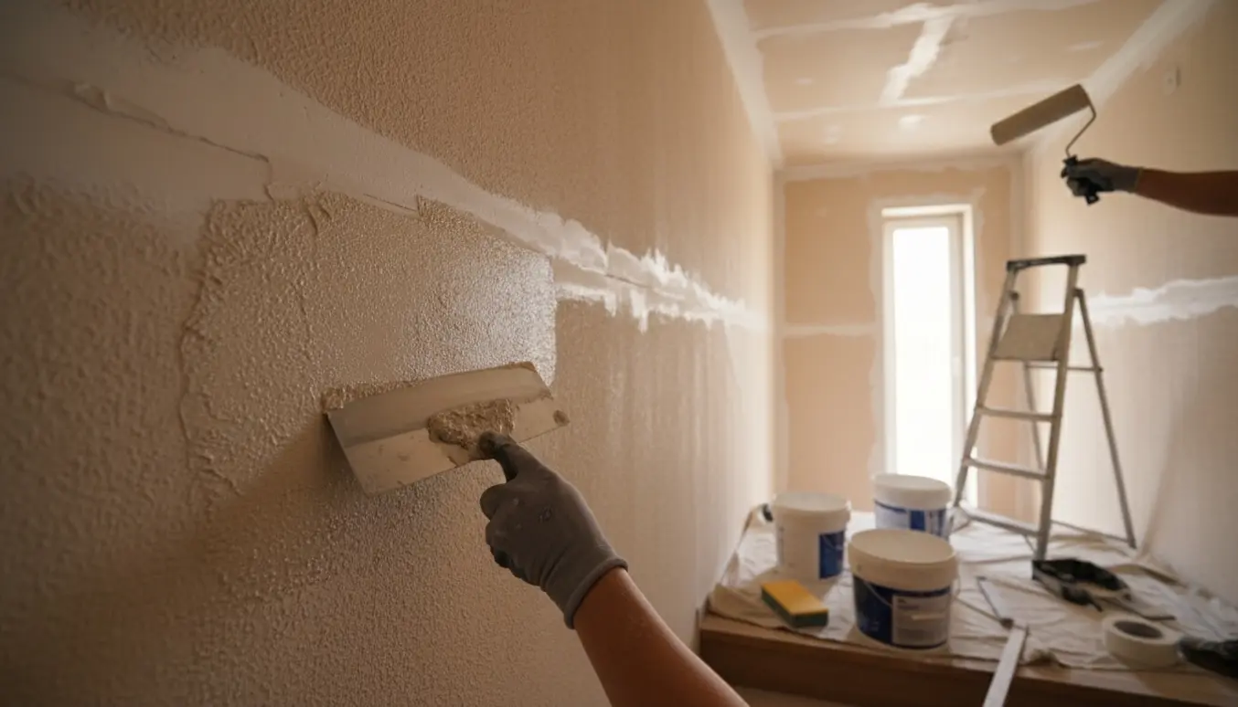 Nærbillede af grovspartlet og filtet væg og loft i opgangen med værktøj og primer klar.