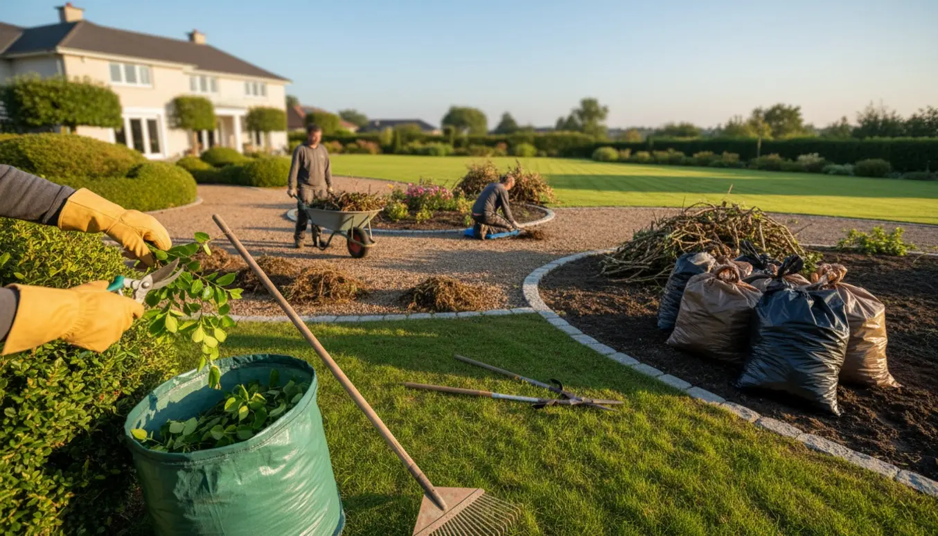Rydning og beskæring af en stor have med trillebør, rive og poser, klar til salg.