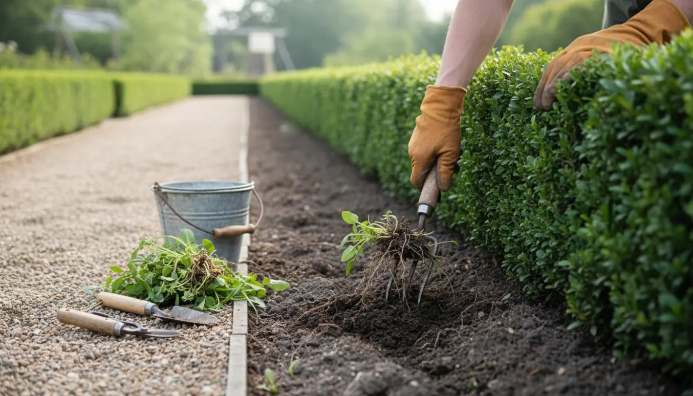 Nærbillede af ukrudtsfjernelse ved en lav hæk med handsker og haveværktøj i blødt lys.