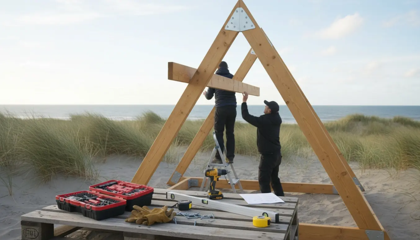 Halvfærdigt træ-shelter på en sandet klit på Læsø med værktøj og to personer uden tydelige ansigter.