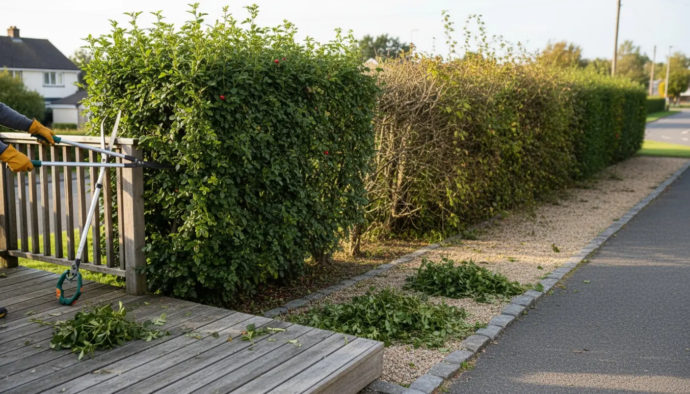 Terrasse med en række buske, hvor en sektion er beskåret, og afklip ligger på jorden.